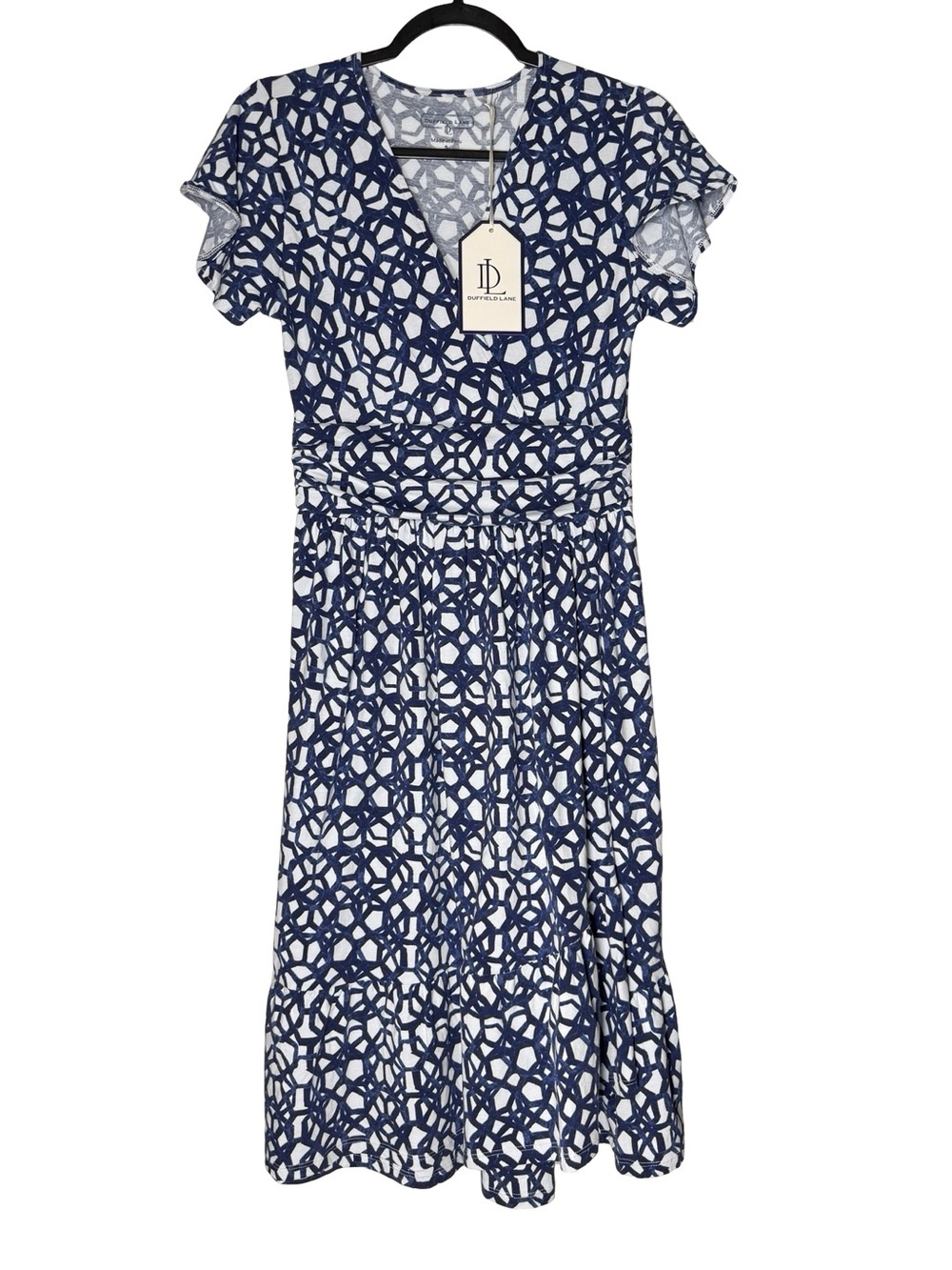 Duffield Lane Imani Dress Womens Small Navy White Geometric Midi Fit Flare NWT